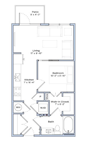 Floor plan for 1 bed, 1 bath, 576 sqft